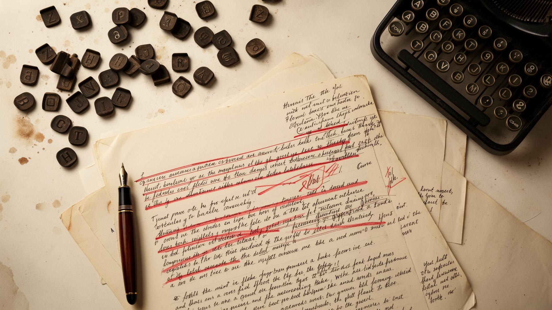 Hand-edited manuscript pages with a fountain pen, red editorial marks and scattered typewriter keys.